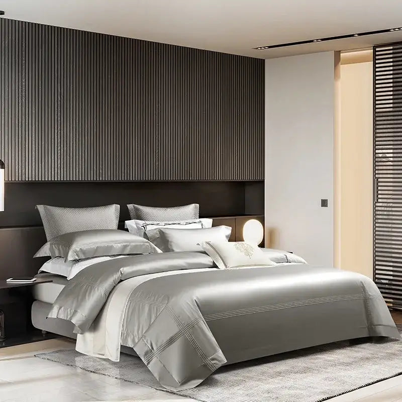 Silver satin egyptian cotton bedding set with subtle geometric embroidery and matching pillowcases decorbites 1000tc egyptian