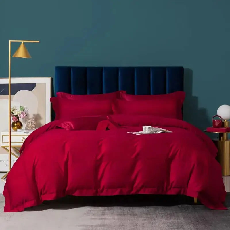 Rich crimson satin bedding set with matching pillows and navy blue velvet headboard with decorbites 1000tc egyptian cotton luxury silver satin set
