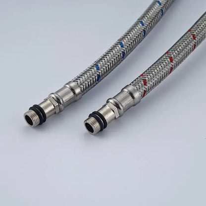 Silver stainless steel faucet plumbing hose with braided red and blue markers for hot and cold water supply