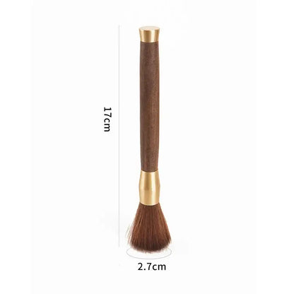 Silver textured espresso brush with dark brown wooden handle and soft bristles for coffee grinder cleaning and kitchen use