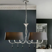 Silver twisted metal island chandelier with two dark brown fabric shades for dining room lighting