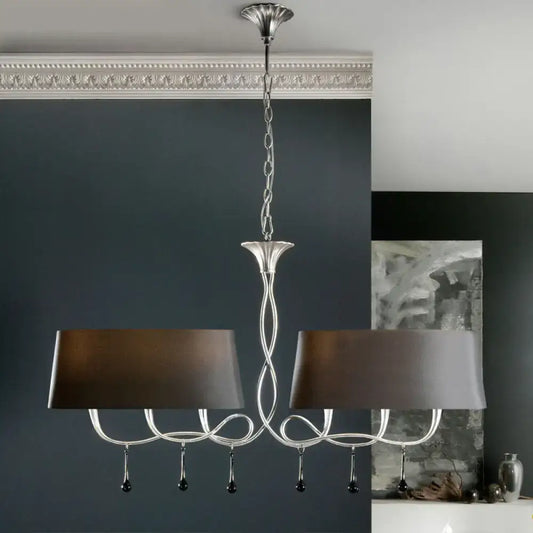 Silver twisted metal island chandelier with two dark brown fabric shades for dining room lighting