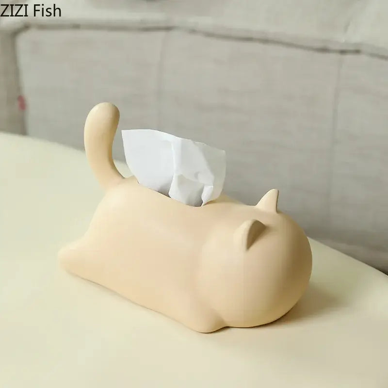 Beige decorbites cat ceramic tissue box holder with smooth glossy finish for living room decor uses
