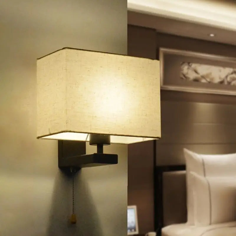 Simple beige fabric rectangle wall lamp with warm light fixture and pull chain for bedroom use compatible with e26 e27