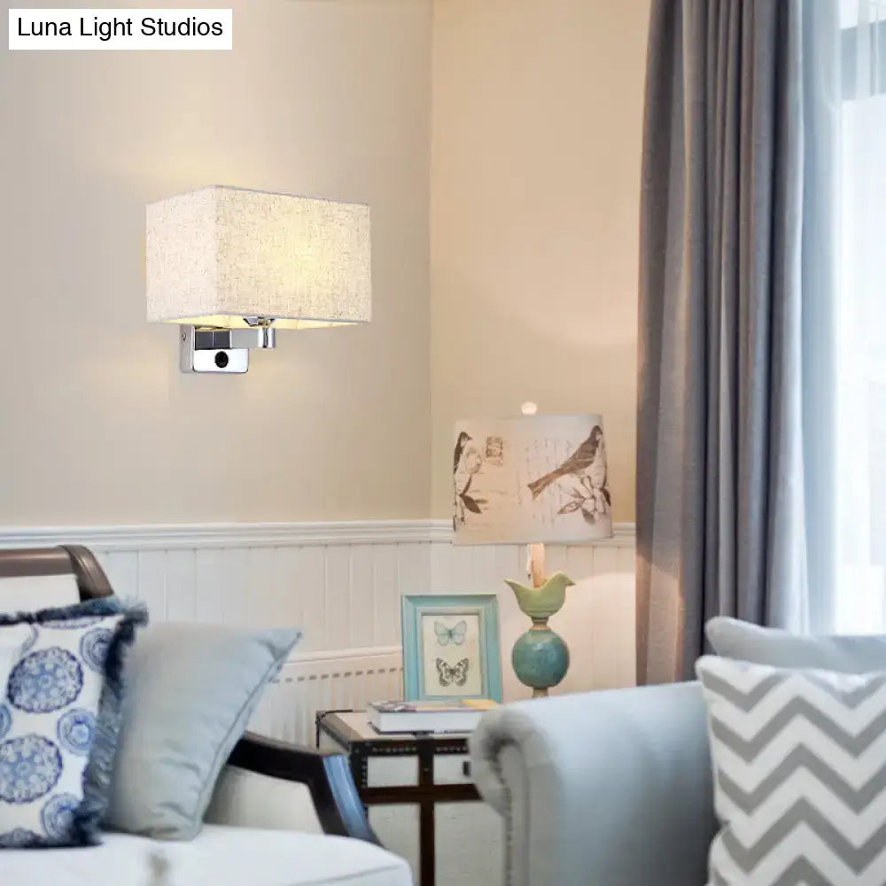 Simple beige fabric rectangular shade wall lamp with textured off-white fabric and chrome metal base for living room lighting