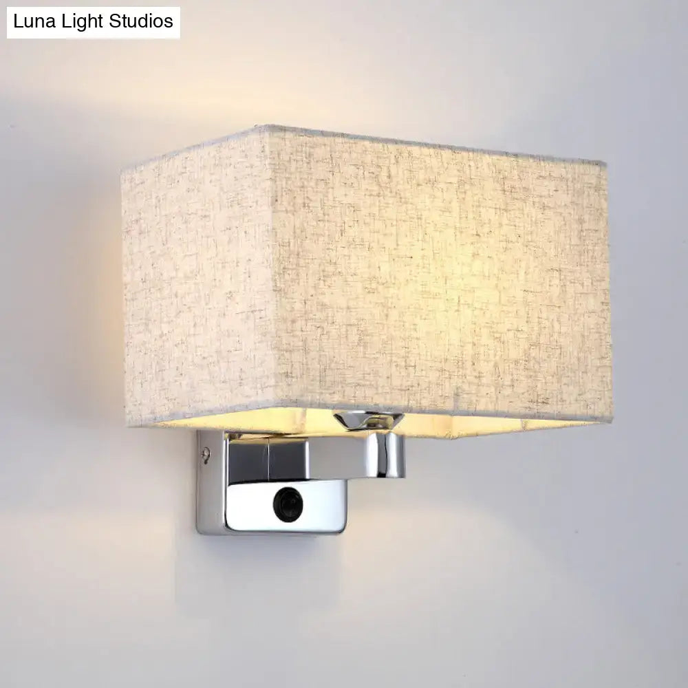Simple beige fabric rectangular shade wall lamp mounted on chrome wall sconce for living room lighting