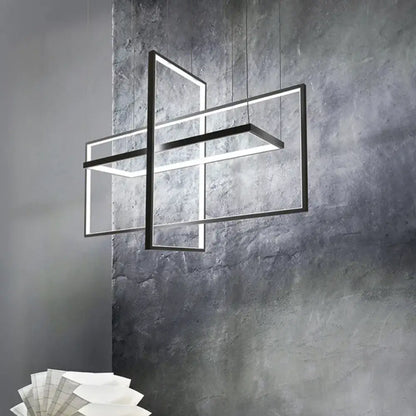 Modern black metal led island light with geometric frames and warm white natural rectangular panels for kitchen dining room