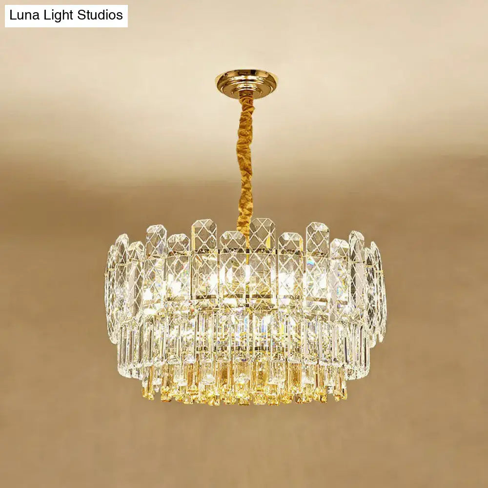 Decorbites™ rectangular drum crystal chandelier with 9 bulbs features clear faceted crystals and gold mount in simple style light type