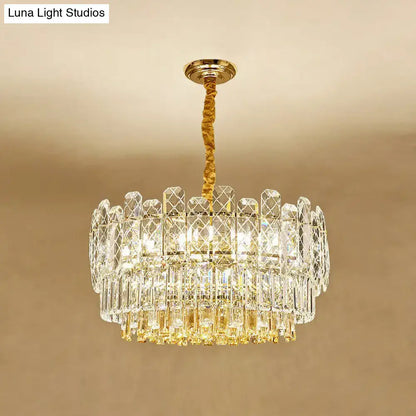 DecorBites rectangular drum crystal chandelier with clear crystals and gold finish offers simple style bedroom lighting