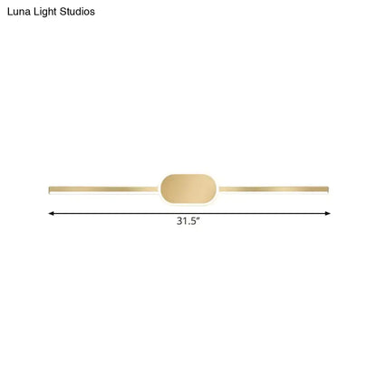 Gold-toned simple style vanity sconce with a sleek rectangular design and central oval accent wall mounted LED light