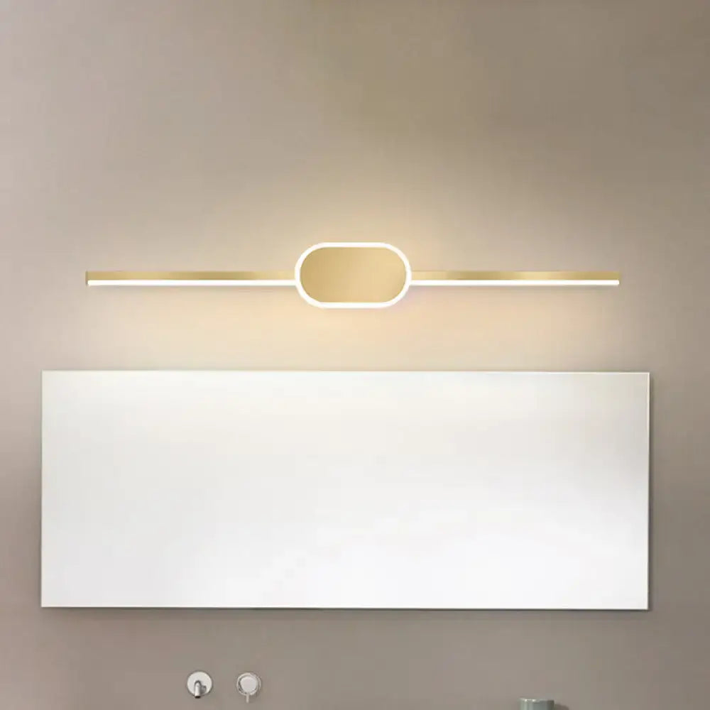 Modern gold metallic led vanity sconce with simple style, sleek elongated design, and central oval accent, wall mounted