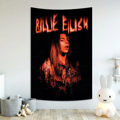 Black singer tapestry banner featuring billie eilish in red orange glow with her name printed above for wall decor