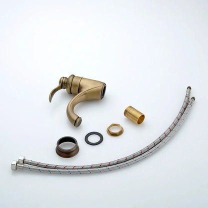 Antique brass single hole deck mounted single handle vessel sink faucet with curved spout and braided supply lines