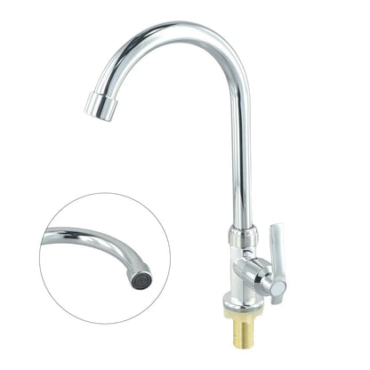 Chrome finished single hole kitchen sink faucet with curved spout, brass base, stainless steel lever handle for cold water