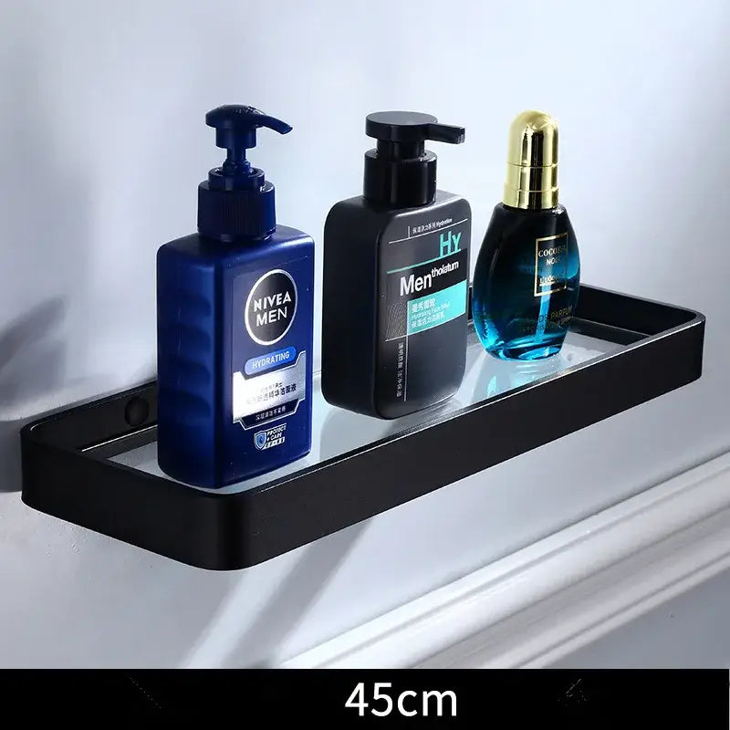Sleek black aluminum glass shelf with matte finish and modern design for bathroom storage by decorbites black aluminum