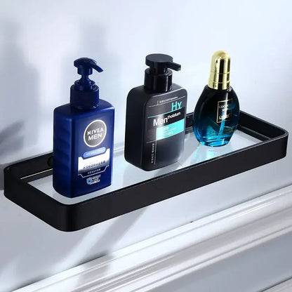 Sleek black aluminum glass shelf bathroom storage rack with modern design decorbites black aluminum finish
