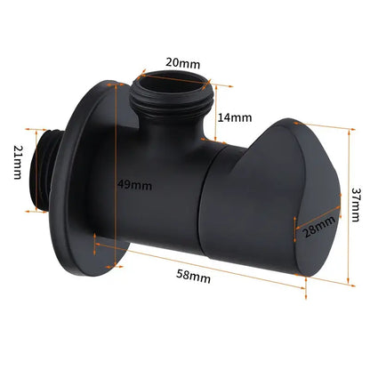 Black matte corner valve with precise dimensions for water control in sleek brushed gold bathroom tap design
