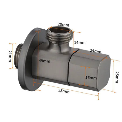 Matte black metal angle valve with threaded connections and hexagonal handle for brushed gold corner valve water control