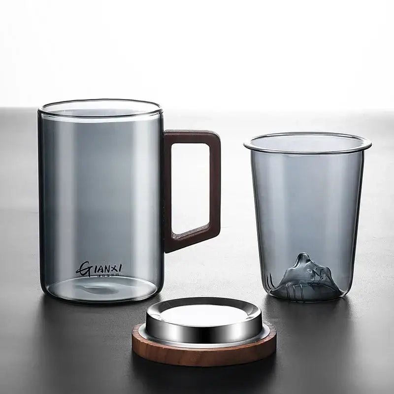 Sleek dark gray double walled glass tea cup with wooden lid and transparent glass tea cup with wooden handle gianxi logo
