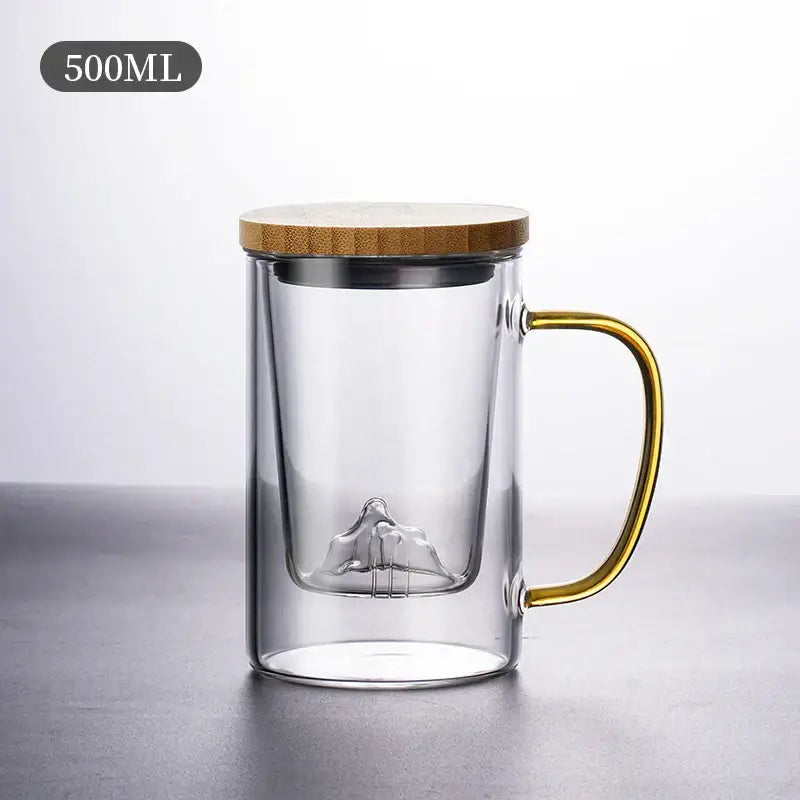 Sleek dark gray double walled glass tea cup with gold handle, bamboo lid, and mountain shaped infuser for glass tea