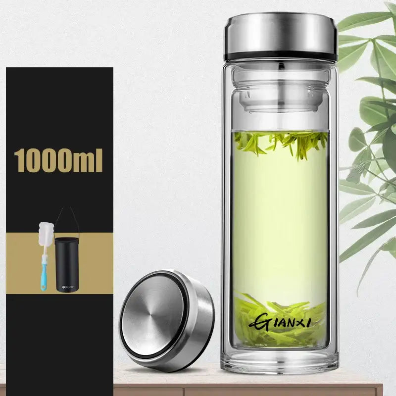 Sleek double-walled transparent glass water bottle with silver stainless steel lid and gianxi branding for kitchen use