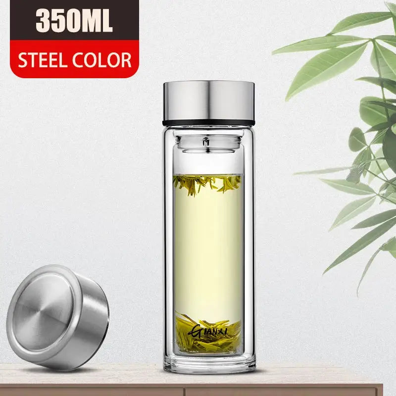 350ml steel-colored double-walled glass water bottle with silver lid and filter for kitchen use