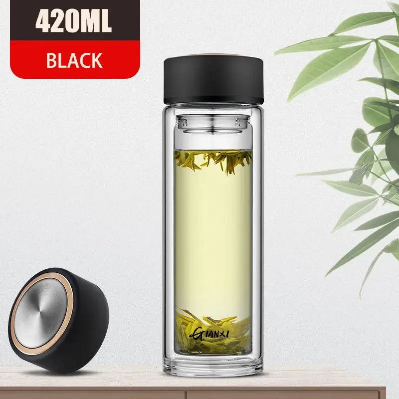 420ml black double-walled glass water bottle with sleek black lid and silver accent for kitchen use