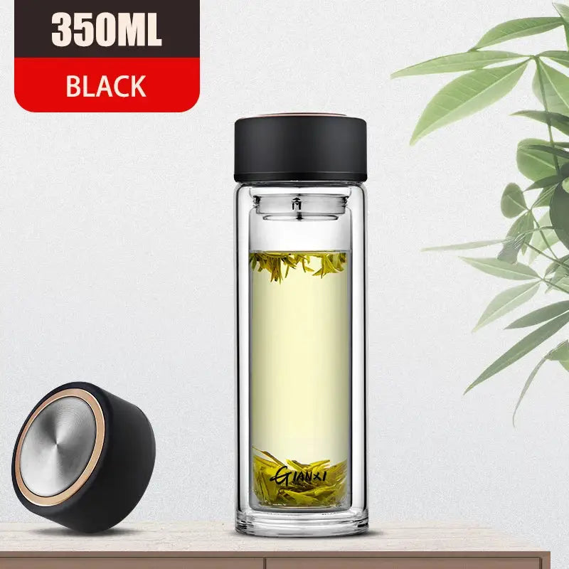 350ml black double-walled glass water bottle with sleek black lid and silver accent for kitchen use
