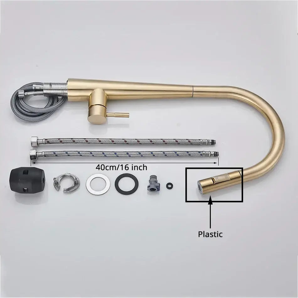 Brass-finished decorbites gold swivel kitchen faucet with sleek curved spout and flexible braided hose pull down sprayer