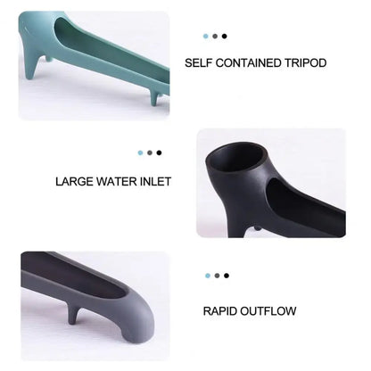 Sleek gray silicone water tank deflector with teal and black self-contained tripod featuring large inlet and rapid outflow