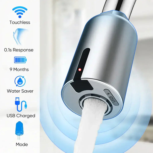 Sleek silver touchless kitchen faucet with brush nickel finish and usb charging adapter for 9 months use in kitchen faucet accessories