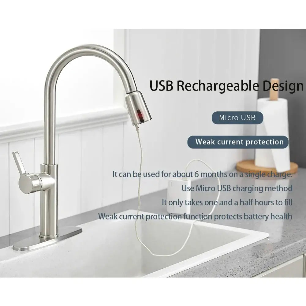 Stainless steel kitchen faucet with sleek curved spout and integrated usb rechargeable feature for kitchen faucet accessories