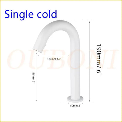 White single cold automatic sensor bathroom faucet with sleek curved spout and cylindrical base design