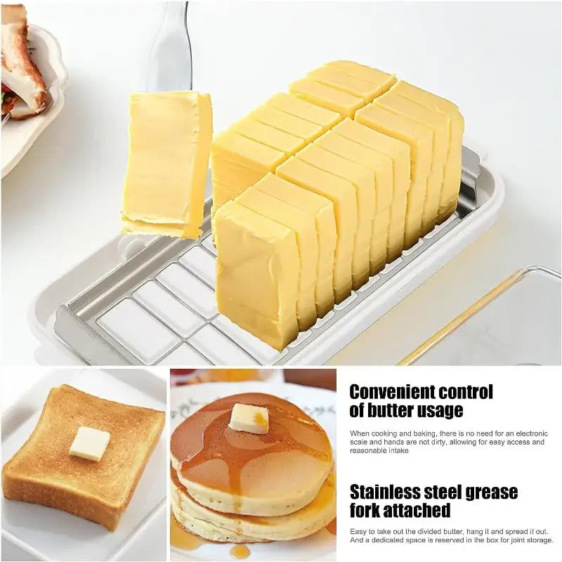 Sleek white and stainless steel decorbites butter slicer with built-in grease fork for easy portion control cutter box