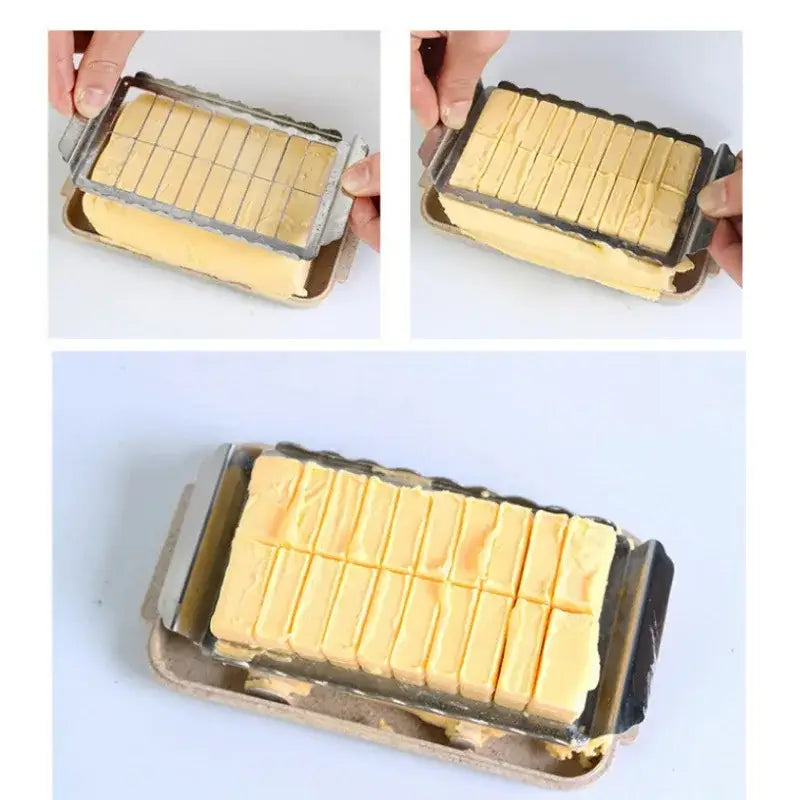 Sleek white and stainless steel decorbites butter slicer cutter with rectangular grid cutting pale yellow butter into strips
