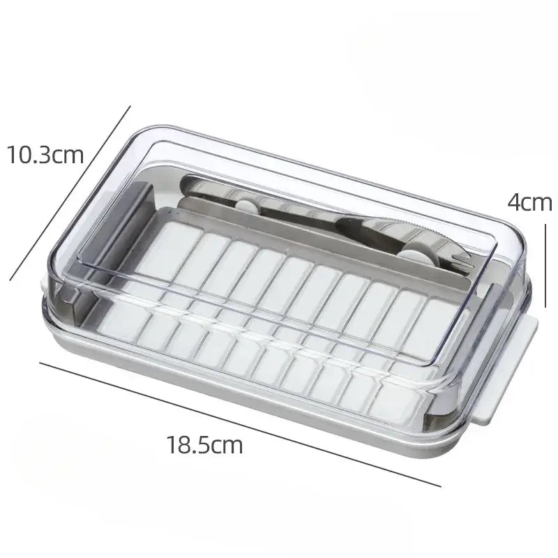 Clear plastic decorbites butter slicer with silver metal blade and handle featuring grid design for easy slicing