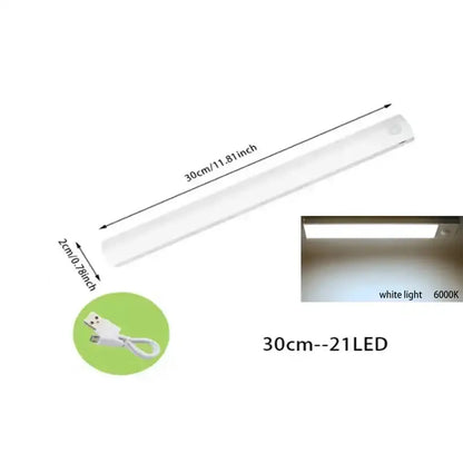 Sleek white 30cm led strip night light with dimmable pir sensor and usb-c charging cable for kitchen cabinet decorbites dimmable pir