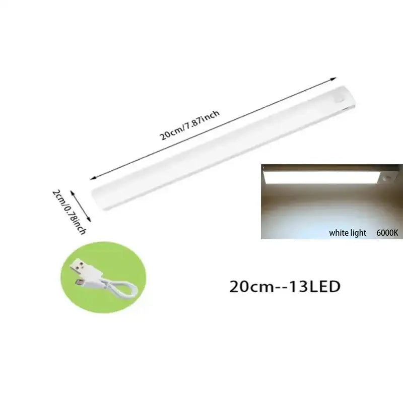 Slim white dimmable pir sensor night light featuring a sleek 20cm led strip with usb charging port for kitchen cabinets