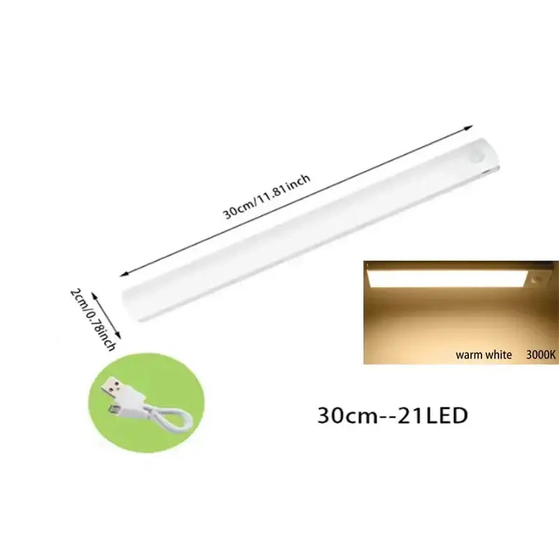 Sleek 30cm white led strip light with warm white illumination decorbites dimmable pir sensor night light for kitchen cabinet