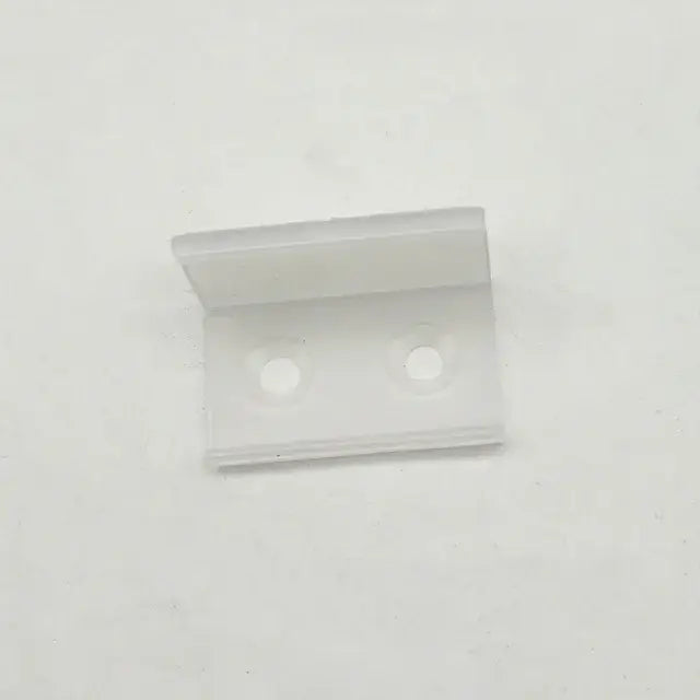 White translucent plastic corner bracket with two circular holes for slim white V type led corner strip lights installation