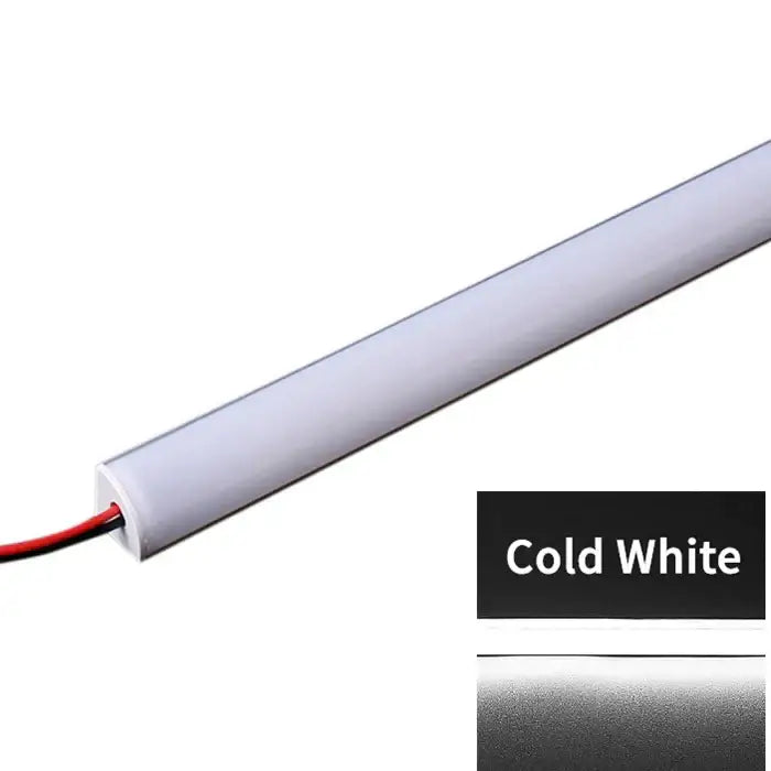 Slim white v type led corner strip with cold white light and translucent casing showing red wiring at one end
