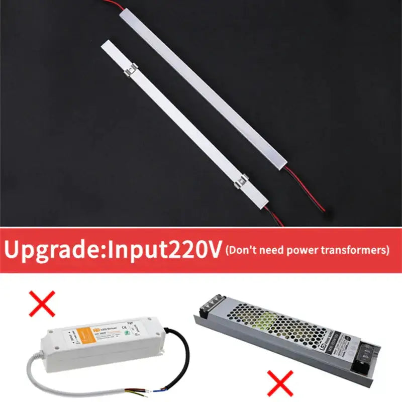 Two slim white led corner strip lights with integrated power connectors and red wiring for kitchen cabinet lighting