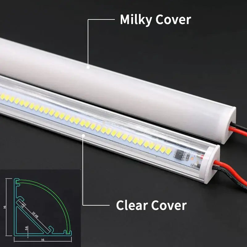 Slim white v type led corner strip lights with milky and clear cover options featuring visible yellow leds for kitchen cabinets