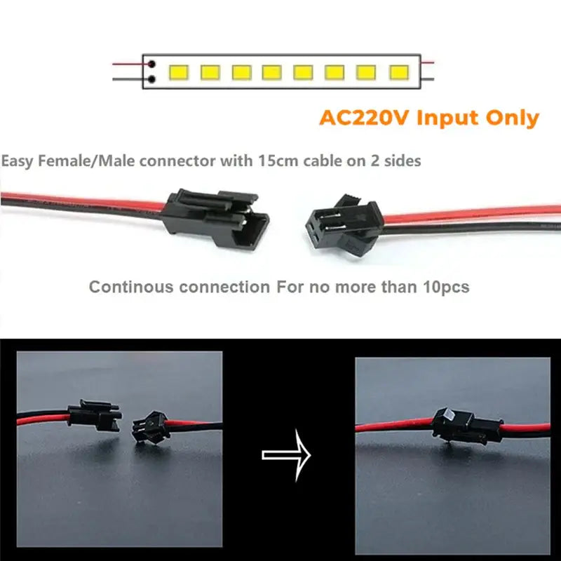 Black plastic male and female connectors with red and black wires for continuous connection of slim white v type led corner strip lights