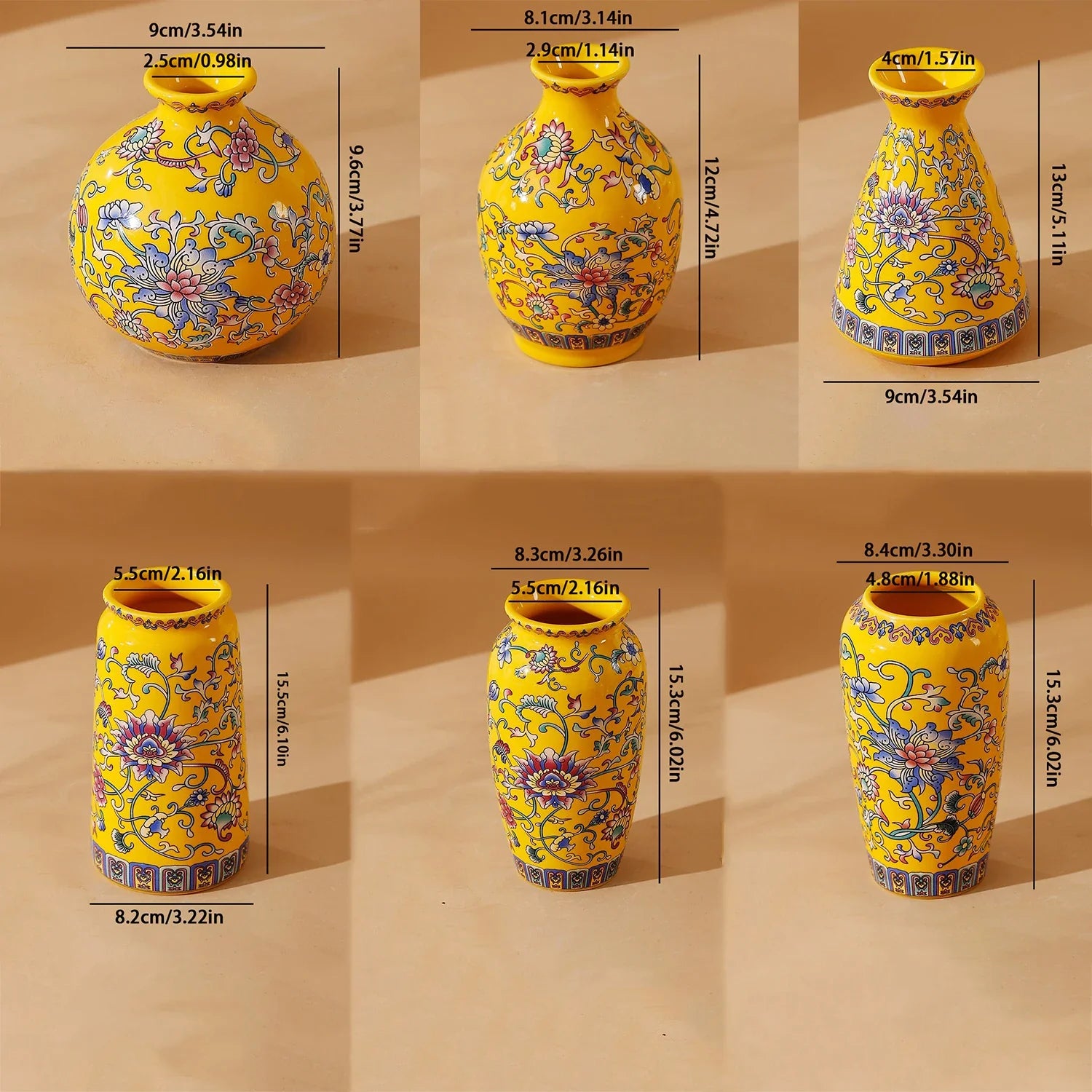 Small vibrant yellow ceramic vase with blue pink and purple floral patterns enamel glazed porcelain for home office decor