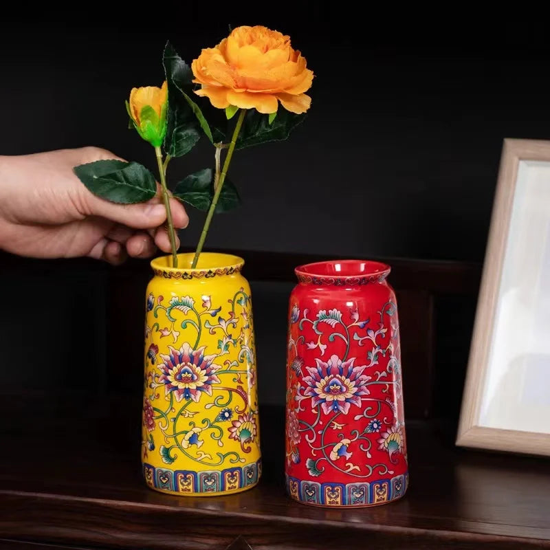 Small ceramic vase with vibrant yellow and red enamel glazed porcelain featuring intricate floral patterns for home decor