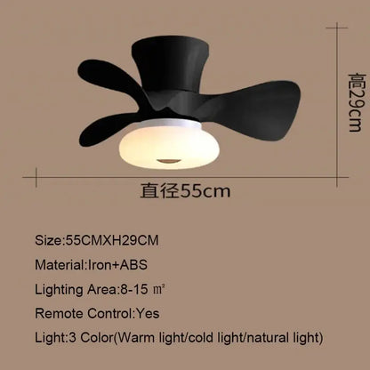 Black smart wood ceiling fan light with three blades and frosted glass fixture for living room dimming app control