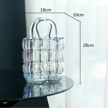 Clear glass handbag with geometric quilted design and curved handles featured in smoky gray amber decorbites clear glass vase collection