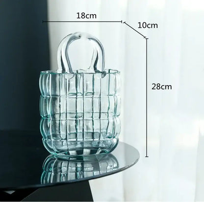 Smoky gray and amber clear glass vase with grid pattern and curved handle for living room handbag decorbites clear glass