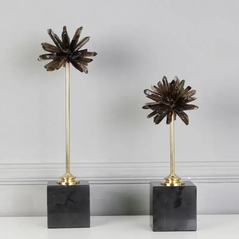 Two dark brown smoky quartz crystal handicraft artificial flowers on gold stems with black marble bases for home decor